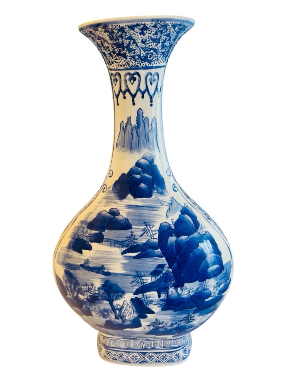 Blue White Porcelain Vase Chinese Landscape Decor Tall Flared Neck Vase 18”